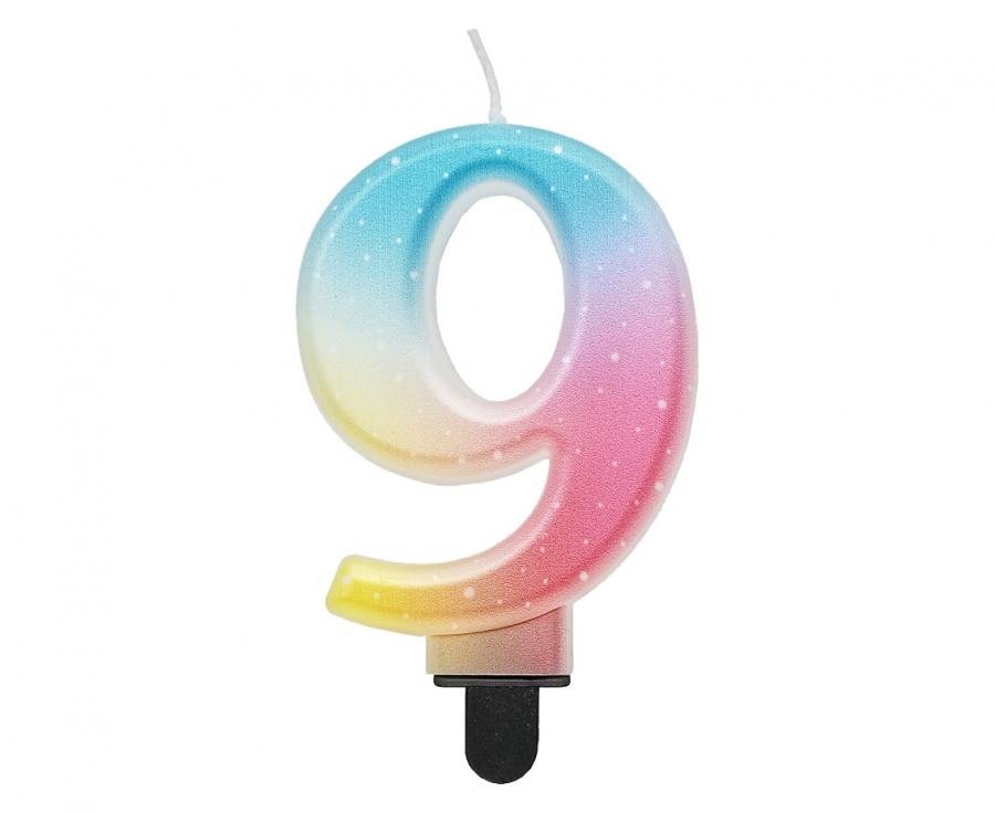 Svíčka číslo 9, ombre, pastelová, 8 cm