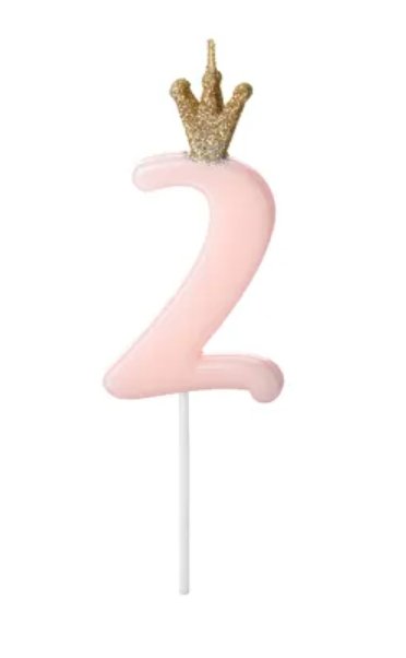 Narozeninová svíčka číslo 2 s korunkou, světle růžová, 9,5 cm