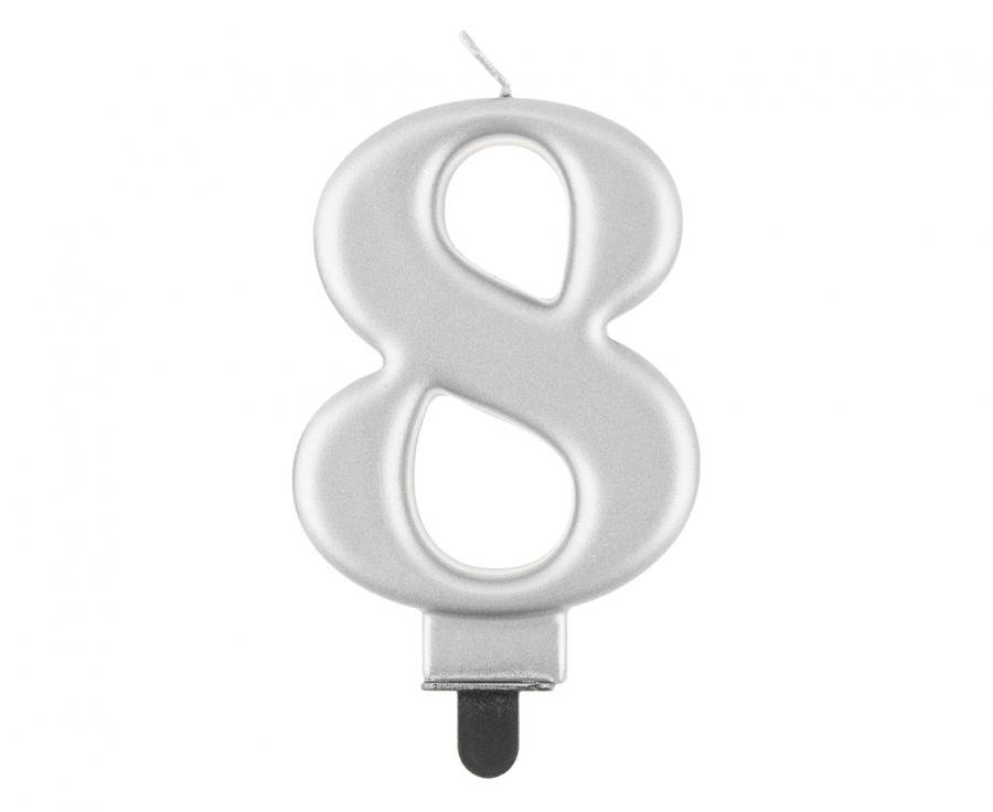 Svíčka B&C číslo 8, stříbrná metalíza, 8cm