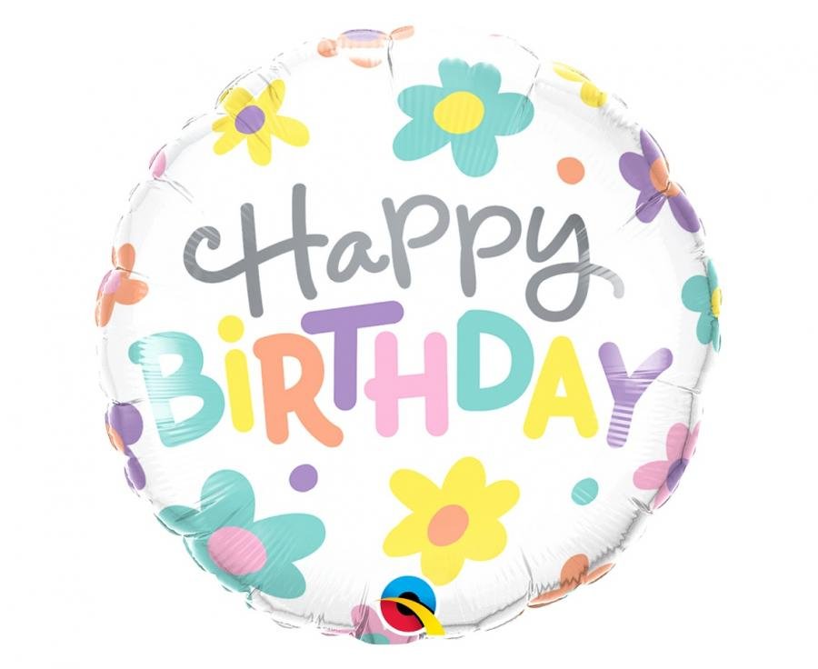 Fóliový balónek 46 cm "Happy Birthday" - Sedmikrásky, kulatý, 46 cm