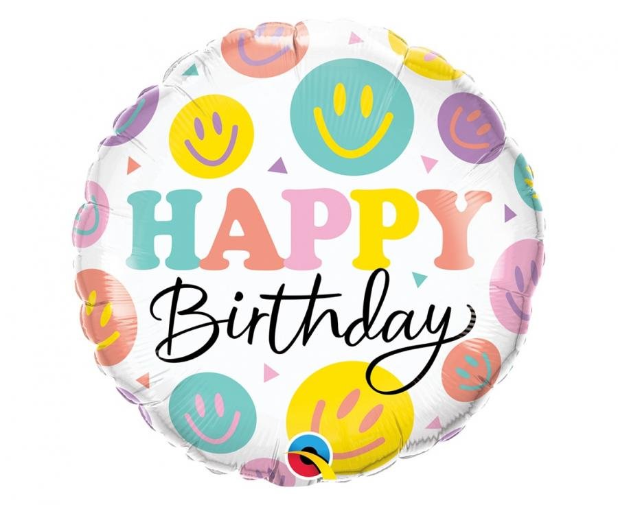Fóliový balónek 46cm "Happy Birthday", barevní smajlíci, kulatý, 46 cm