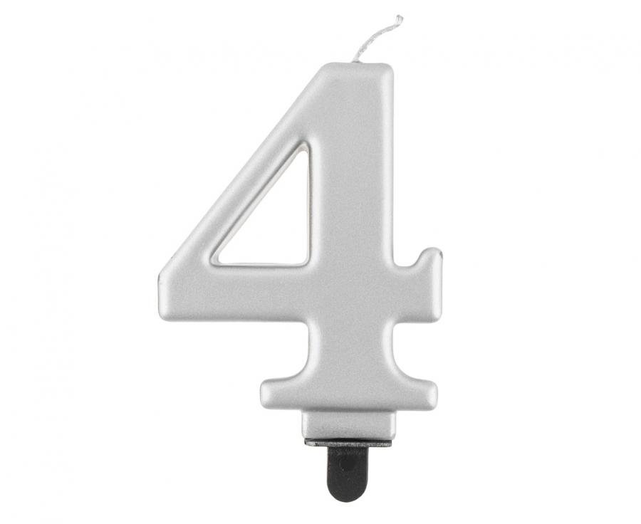 Svíčka B&C číslo 4, stříbrná metalíza, 8cm