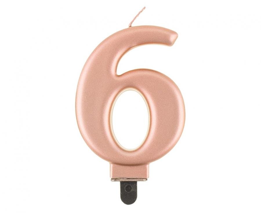 Svíčka B&C číslo, 6, růžově zlatá metalíza, 8cm