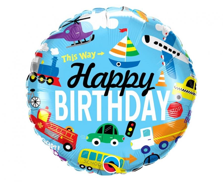 Fóliový balónek 46 cm "Happy Birthday" - dopravní prostředky, kulatý, 46 cm